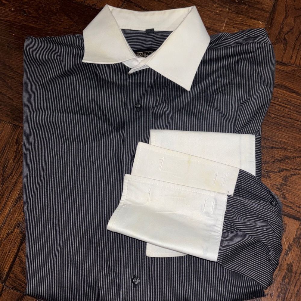 Donald J Trump Shirt 19 Tall Gray Striped French Cuff Button Up Long Sleeve Mens